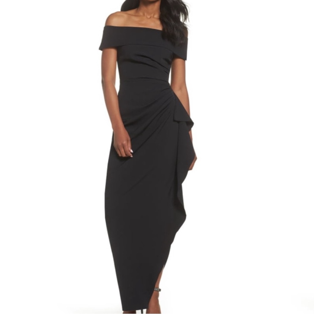 Black Asymmetrical Off-the-Shoulder Gown
